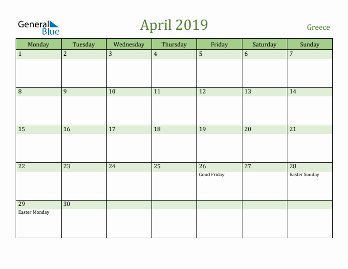 April 2019 Calendar with Greece Holidays