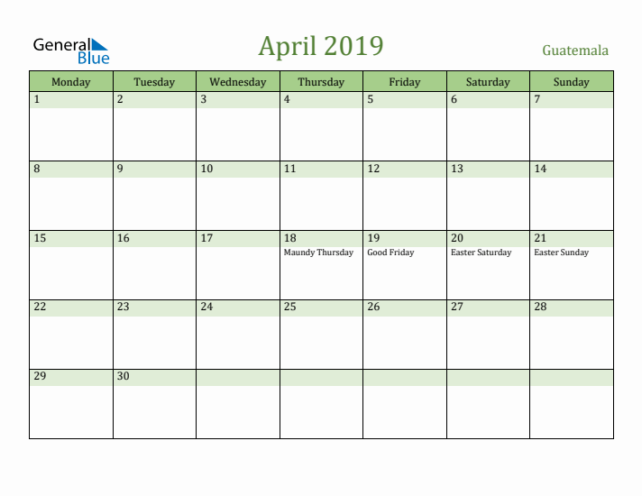 April 2019 Calendar with Guatemala Holidays
