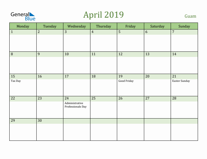 April 2019 Calendar with Guam Holidays