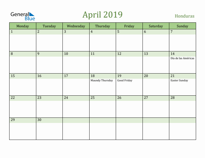 April 2019 Calendar with Honduras Holidays