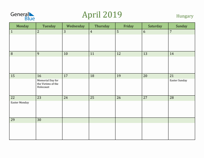 April 2019 Calendar with Hungary Holidays