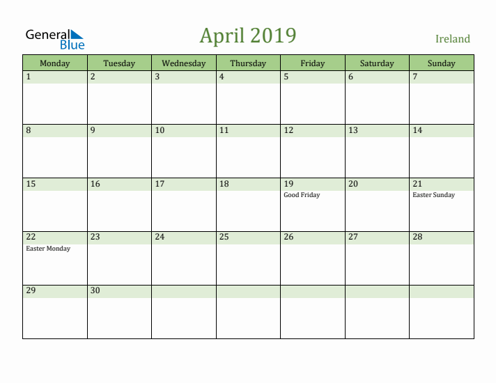 April 2019 Calendar with Ireland Holidays