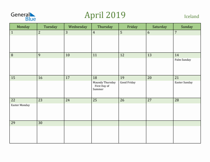 April 2019 Calendar with Iceland Holidays