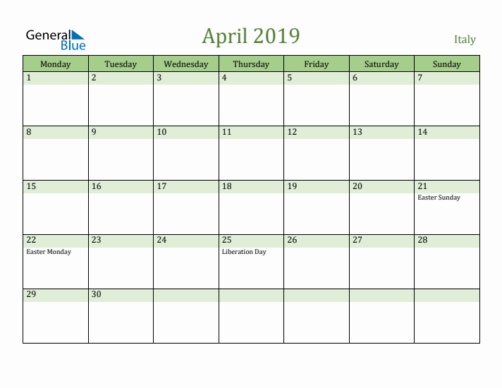 April 2019 Calendar with Italy Holidays