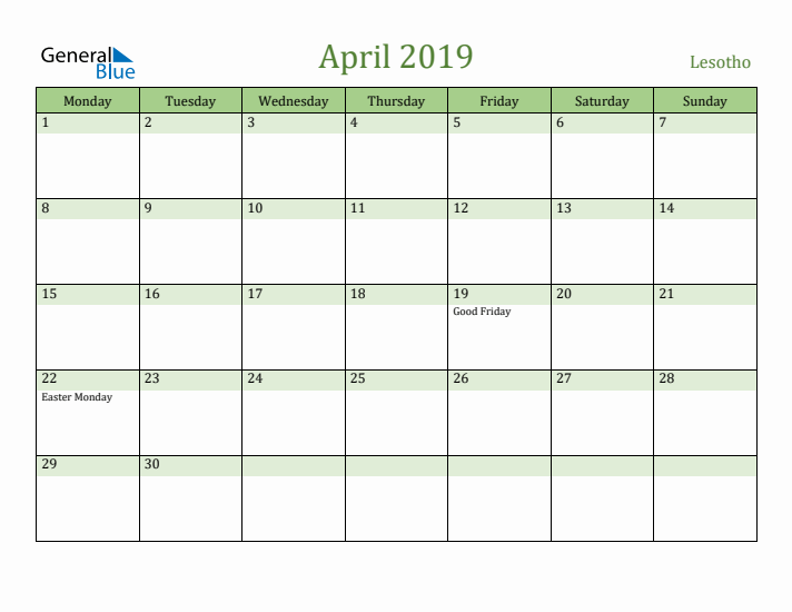 April 2019 Calendar with Lesotho Holidays