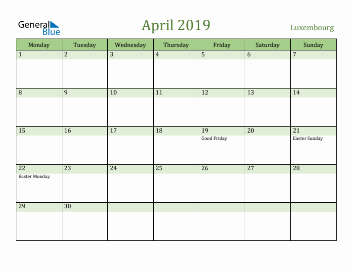 April 2019 Calendar with Luxembourg Holidays