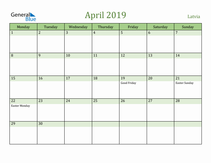 April 2019 Calendar with Latvia Holidays