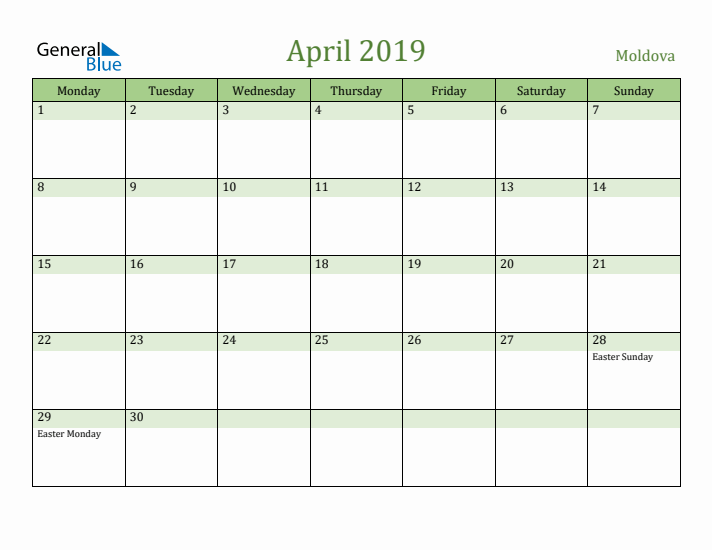 April 2019 Calendar with Moldova Holidays