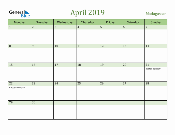 April 2019 Calendar with Madagascar Holidays