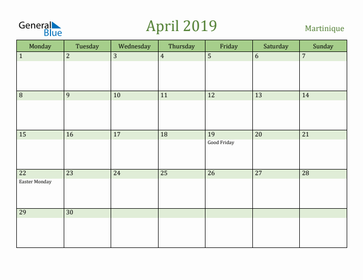 April 2019 Calendar with Martinique Holidays