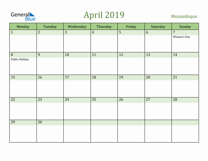 April 2019 Calendar with Mozambique Holidays