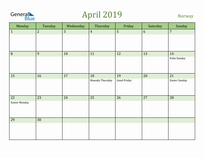 April 2019 Calendar with Norway Holidays