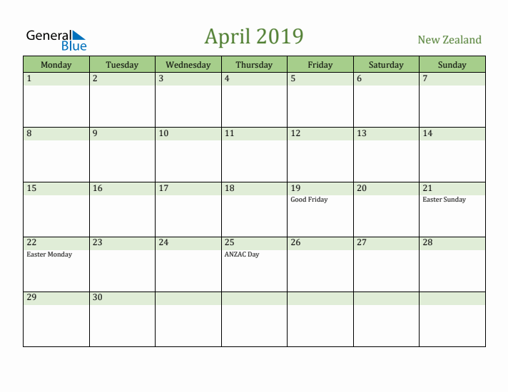 April 2019 Calendar with New Zealand Holidays