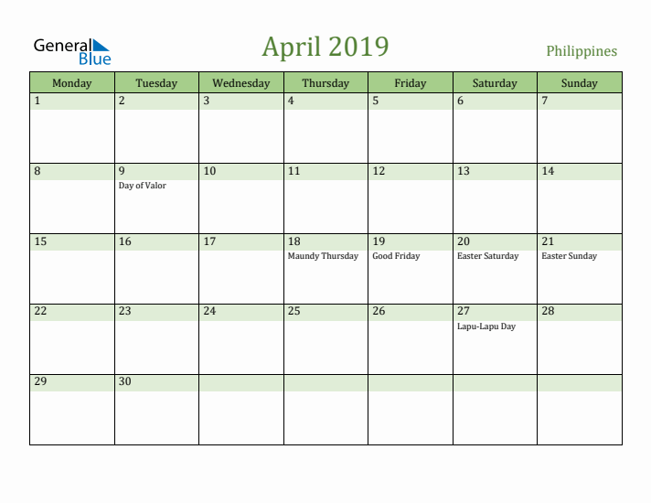 April 2019 Calendar with Philippines Holidays
