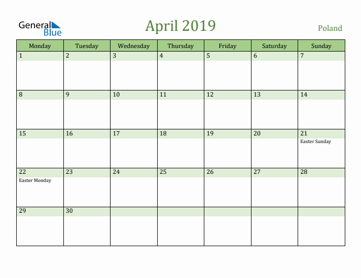 April 2019 Calendar with Poland Holidays