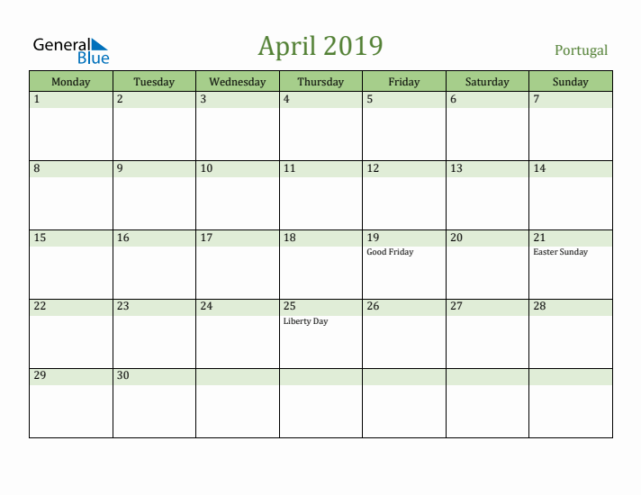 April 2019 Calendar with Portugal Holidays