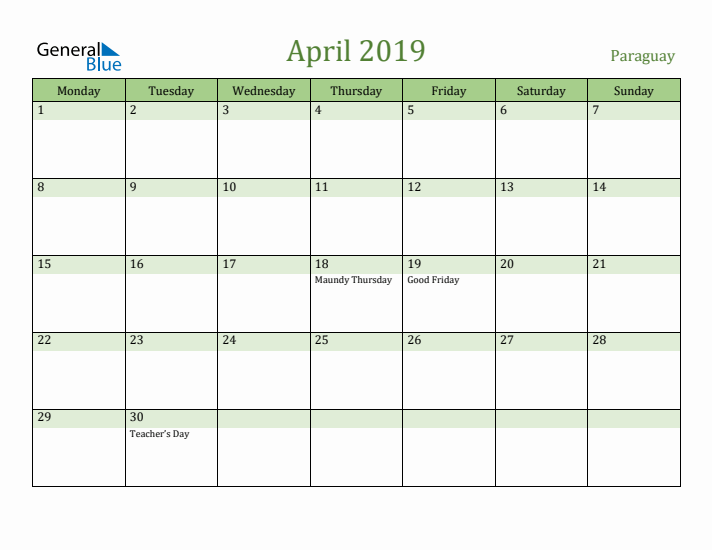 April 2019 Calendar with Paraguay Holidays