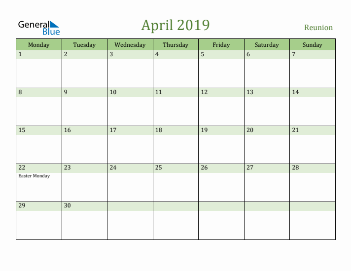 April 2019 Calendar with Reunion Holidays