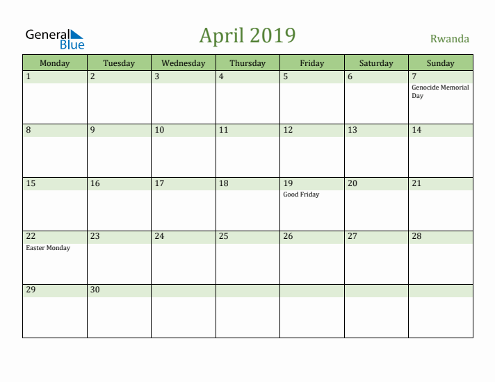 April 2019 Calendar with Rwanda Holidays