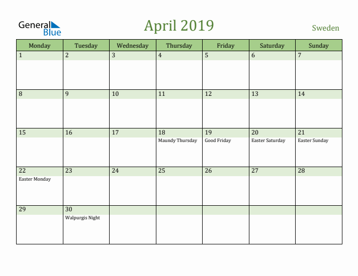 April 2019 Calendar with Sweden Holidays