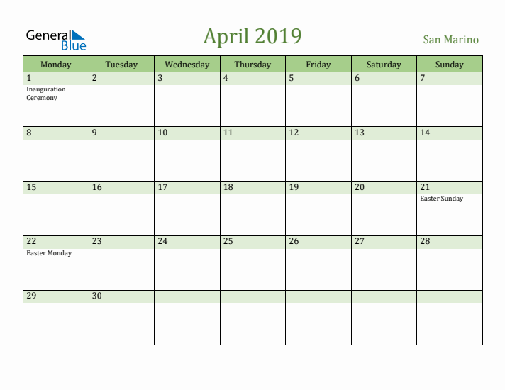 April 2019 Calendar with San Marino Holidays