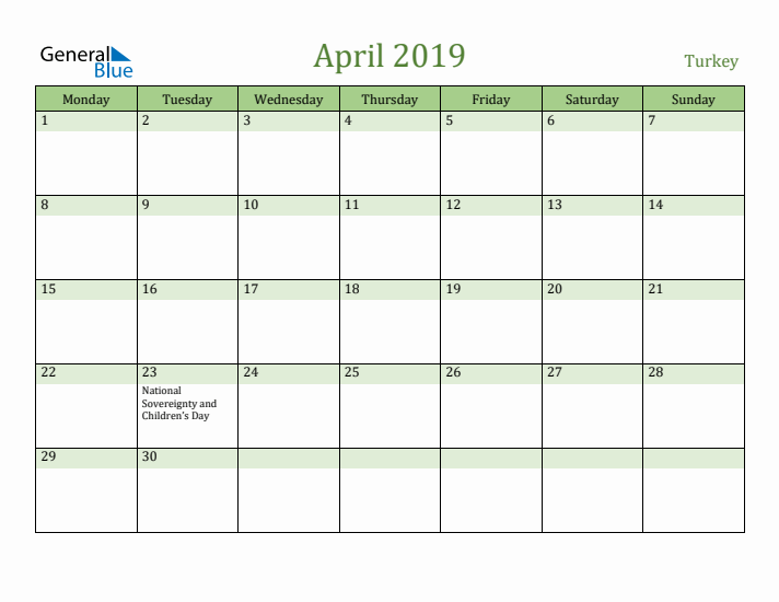 April 2019 Calendar with Turkey Holidays