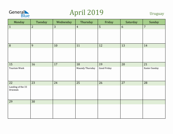April 2019 Calendar with Uruguay Holidays