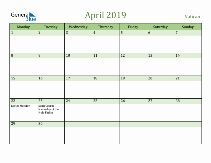 April 2019 Calendar with Vatican Holidays