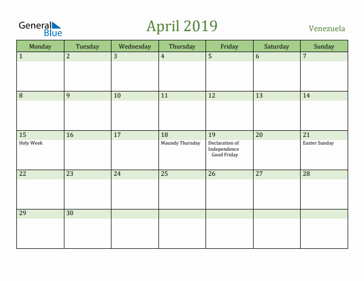 April 2019 Calendar with Venezuela Holidays