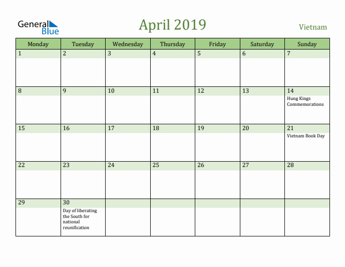 April 2019 Calendar with Vietnam Holidays