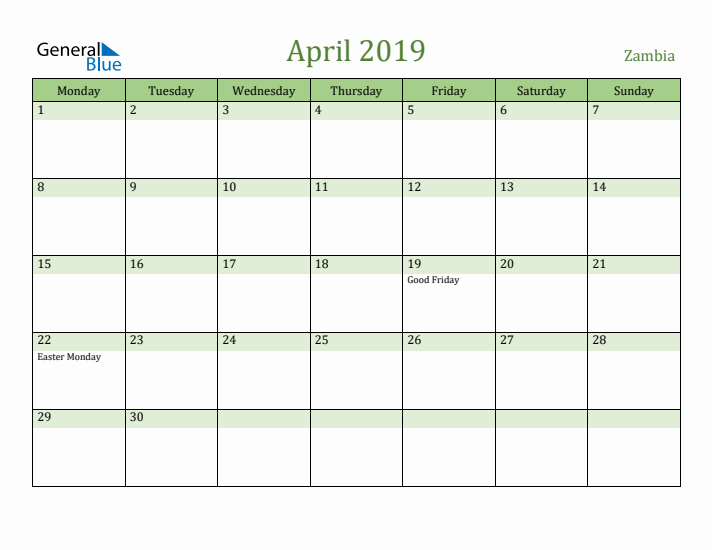April 2019 Calendar with Zambia Holidays