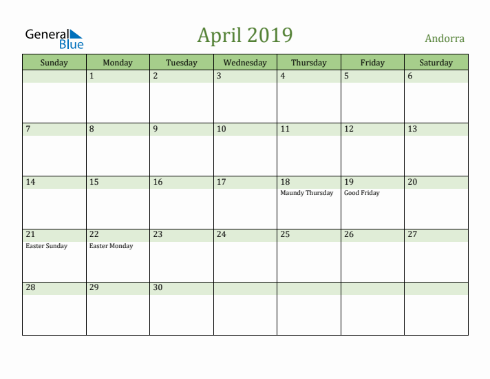 April 2019 Calendar with Andorra Holidays