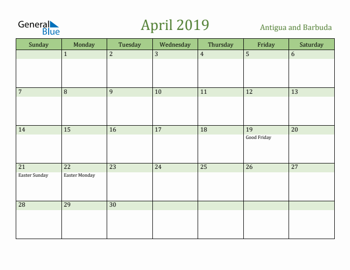 April 2019 Calendar with Antigua and Barbuda Holidays