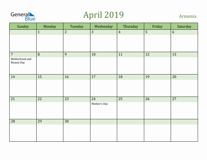 April 2019 Calendar with Armenia Holidays