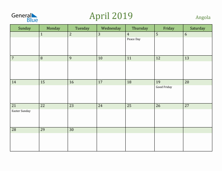 April 2019 Calendar with Angola Holidays