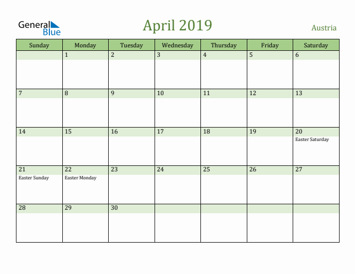 April 2019 Calendar with Austria Holidays