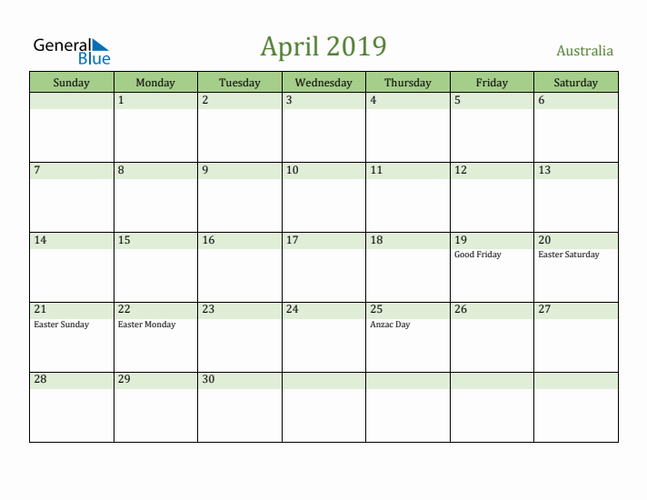 April 2019 Calendar with Australia Holidays