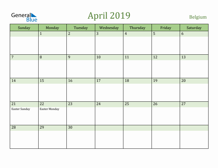 April 2019 Calendar with Belgium Holidays