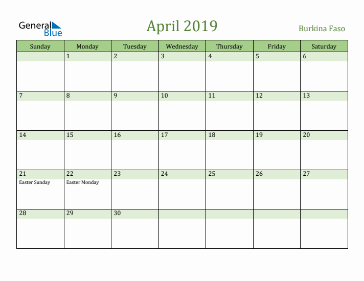 April 2019 Calendar with Burkina Faso Holidays