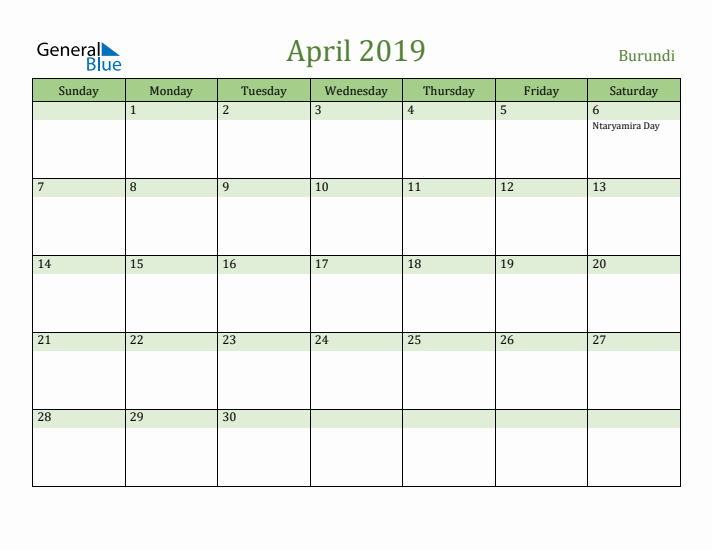 April 2019 Calendar with Burundi Holidays