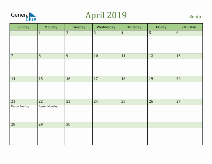 April 2019 Calendar with Benin Holidays