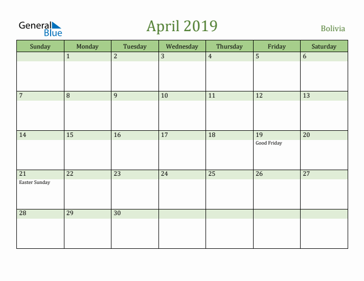 April 2019 Calendar with Bolivia Holidays