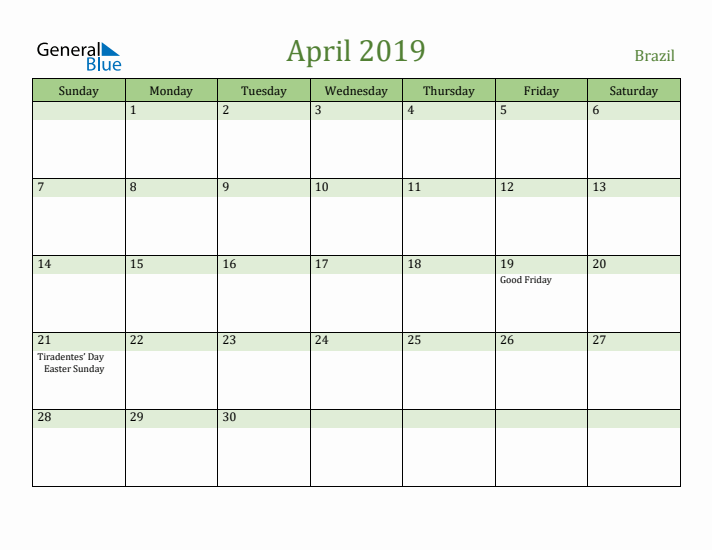April 2019 Calendar with Brazil Holidays