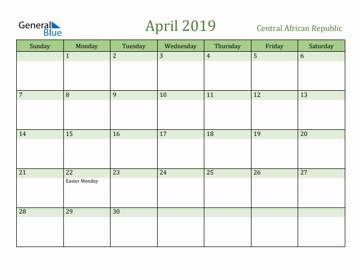April 2019 Calendar with Central African Republic Holidays