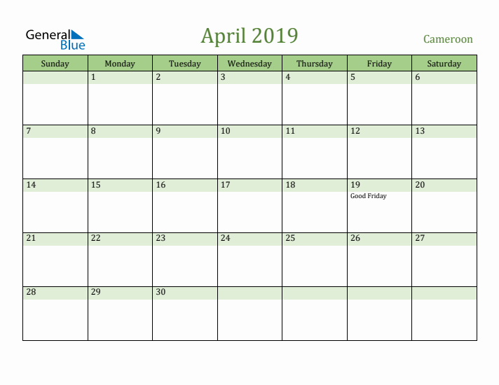 April 2019 Calendar with Cameroon Holidays