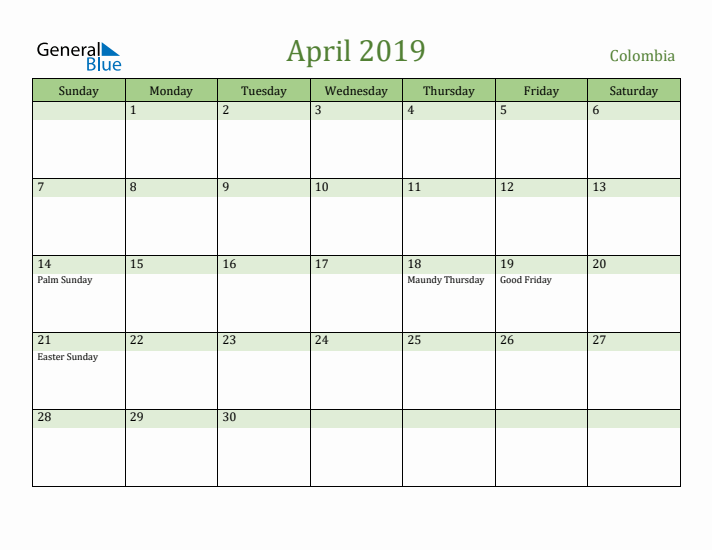 April 2019 Calendar with Colombia Holidays