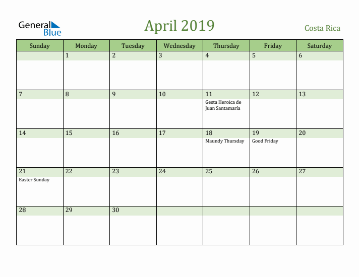April 2019 Calendar with Costa Rica Holidays