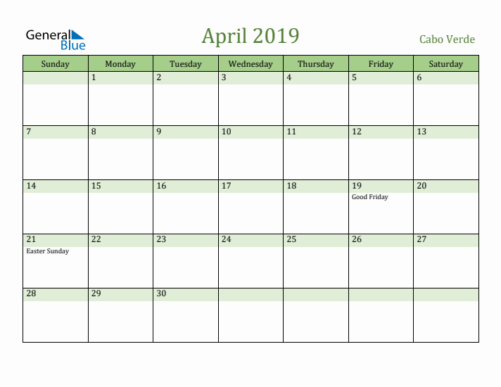 April 2019 Calendar with Cabo Verde Holidays