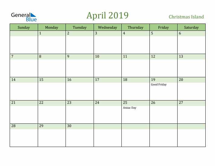 April 2019 Calendar with Christmas Island Holidays