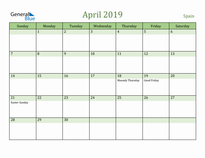 April 2019 Calendar with Spain Holidays